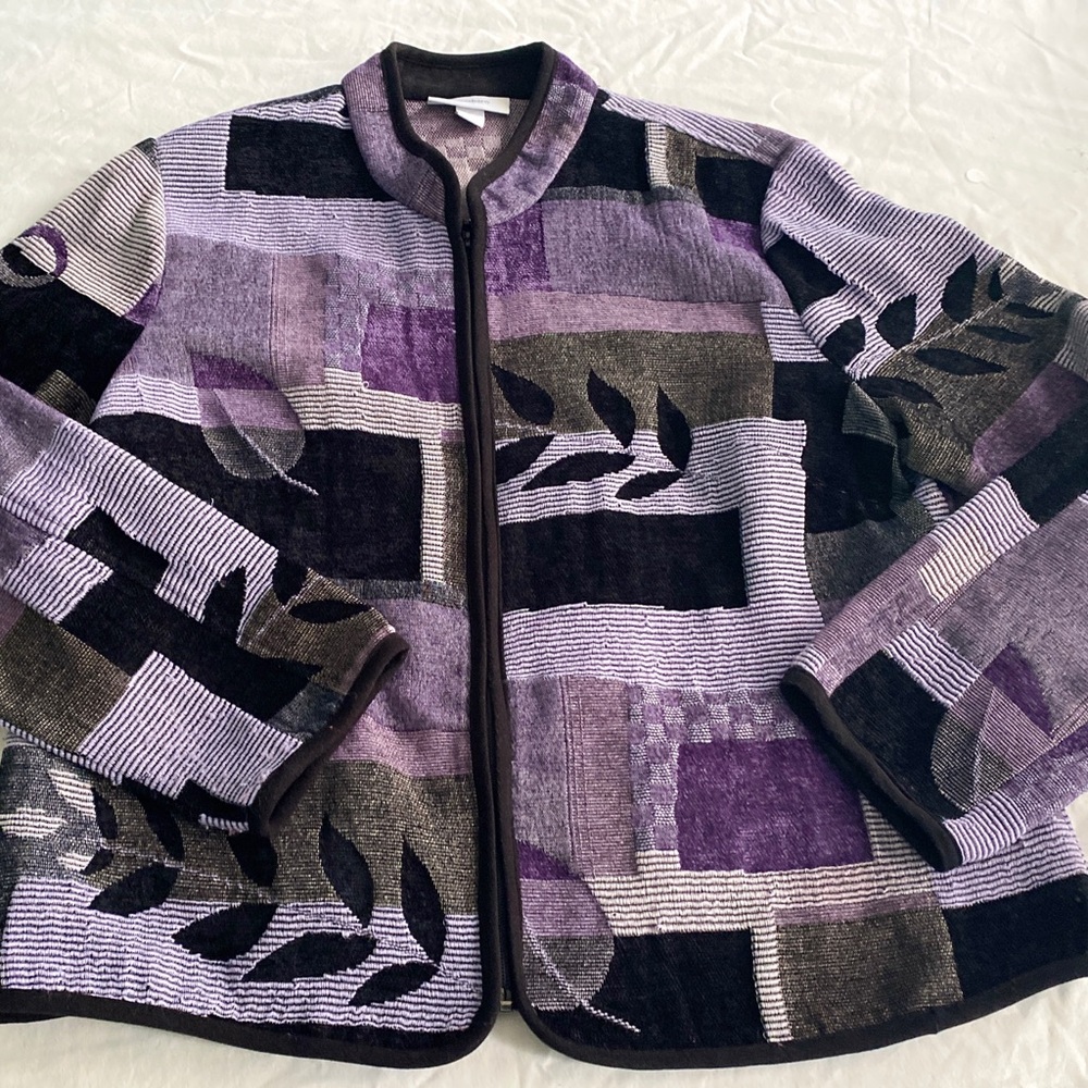Dress Barn Women's Large Jacket Purple/Violet/Black Full Zip Tapestry Casual